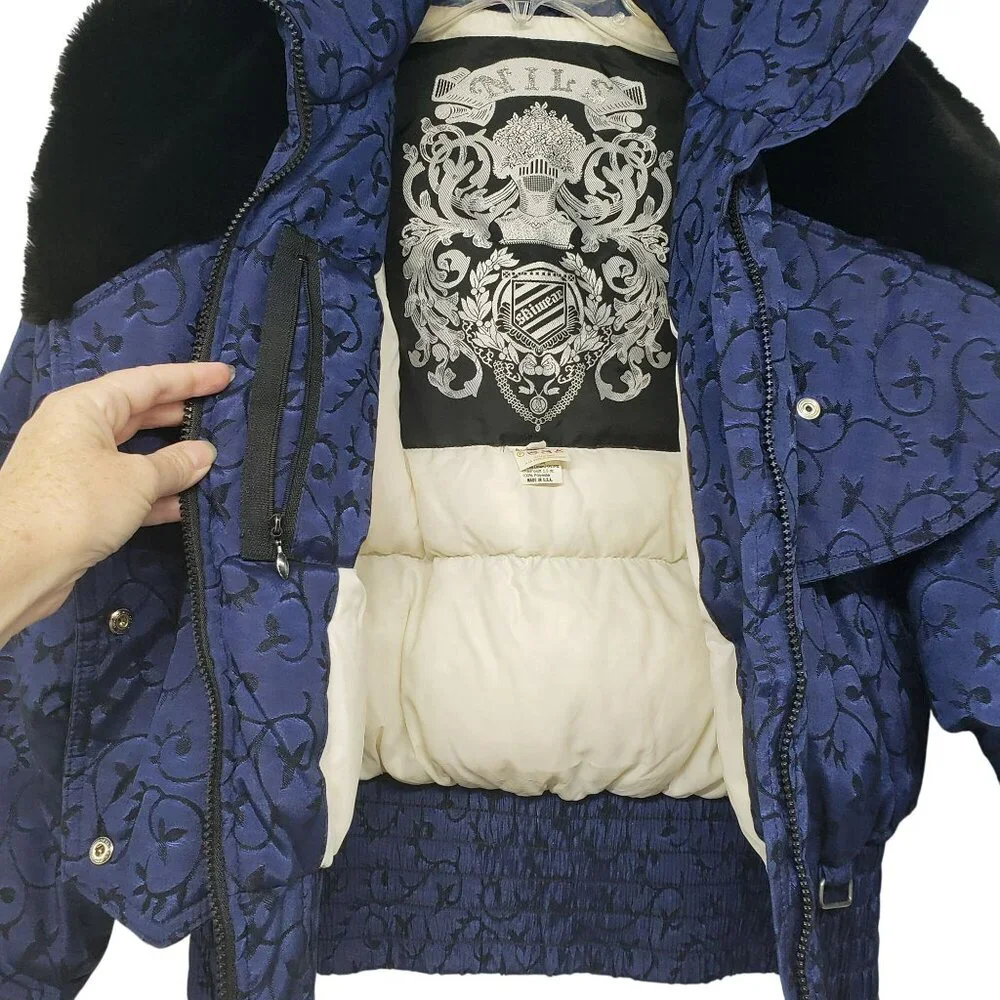 Vintage Nils Down Fill Ski Jacket Winter Coat Fur Trim Blue Jacquard Print Retro - Picture 11 of 16